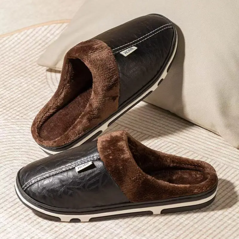 Men'S Shoes Temu - Herren-Winterhausschuhe in Übergröße, PU-Leder, Wasserdicht, Flauschig,